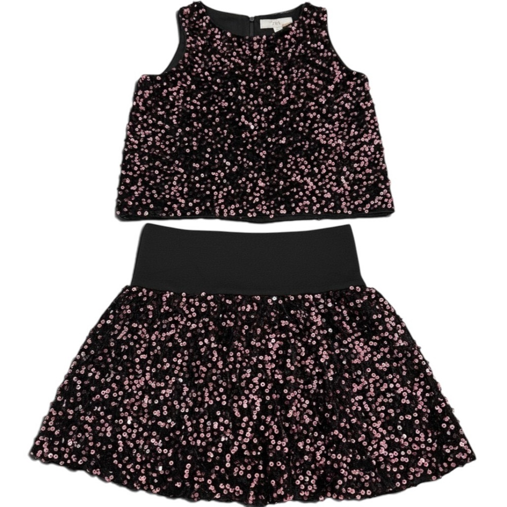 Zara Kids Girls Pink Sequin 2 Piece Set Crop Top Skirt Black Size 11-12 148cm